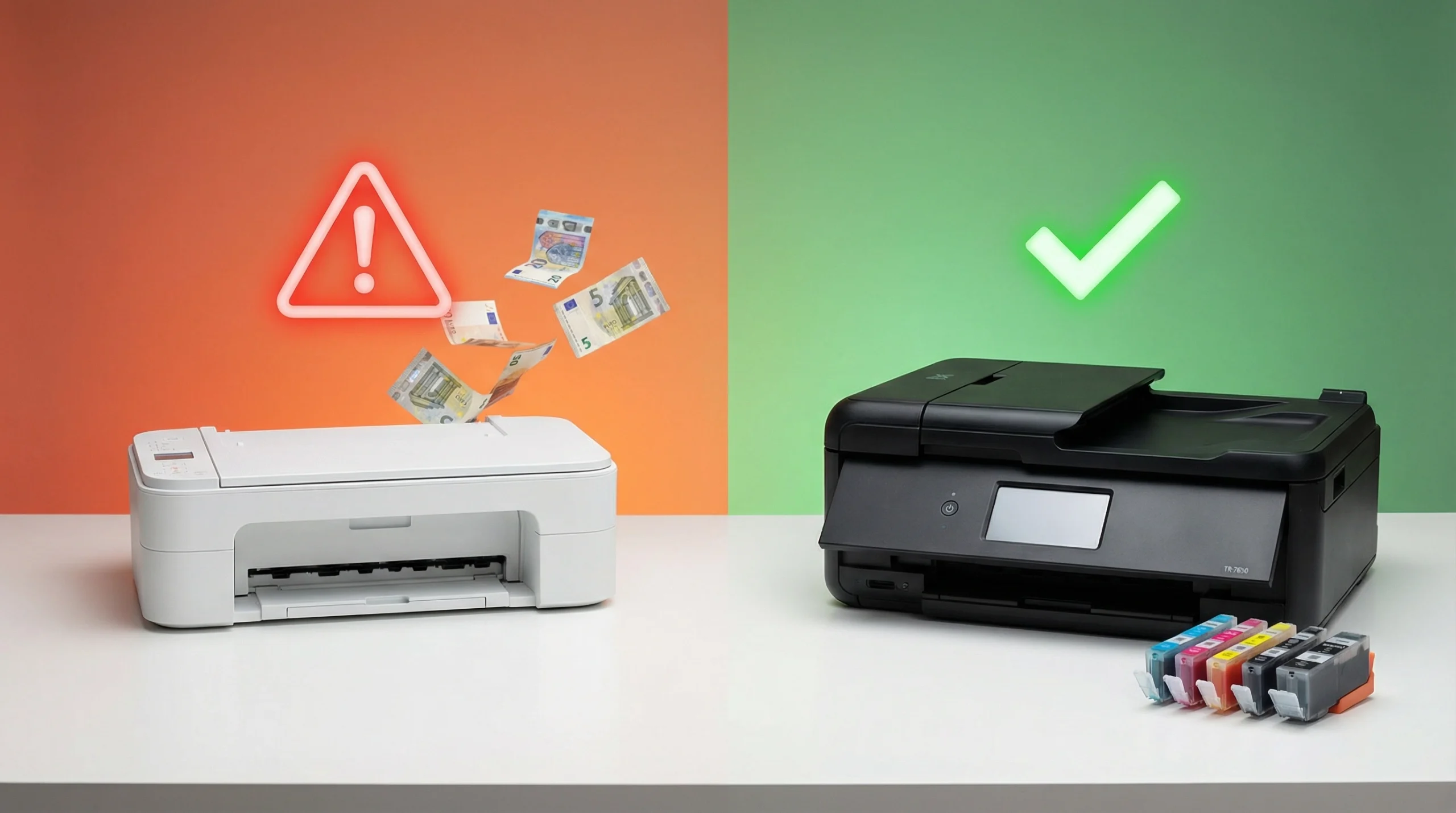 Vergleich Canon Pixma TS 3450 Billigdrucker vs. Canon Pixma TR 7650 Einzelpatronen-Drucker - Kostenvergleich Tintenfuzzy