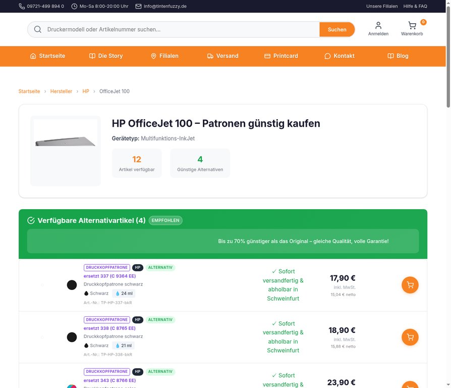 Drucker-Detailseite mit Alternativ- und Originalpatronen im Tintenfuzzy Shop